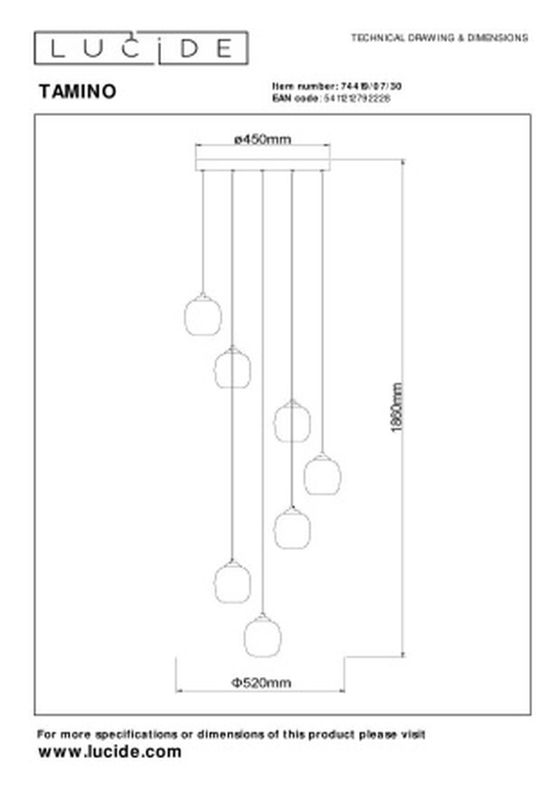 Lucide TAMINO - Závesné svietidlo - Ø 52 cm - LED Rozm. - 7x7W 3000K - Čierna